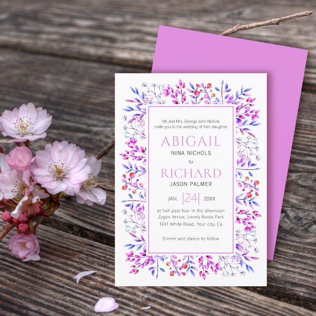 Convites Borda das folhas, bagas rosadas, casamento roxo (Criador carregado)