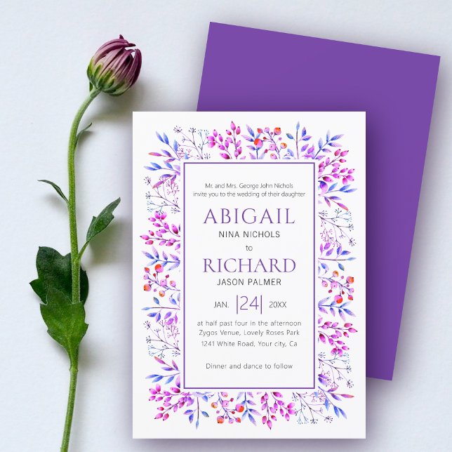 Convites Borda das folhas, bagas violeta, casamento roxo (Criador carregado)