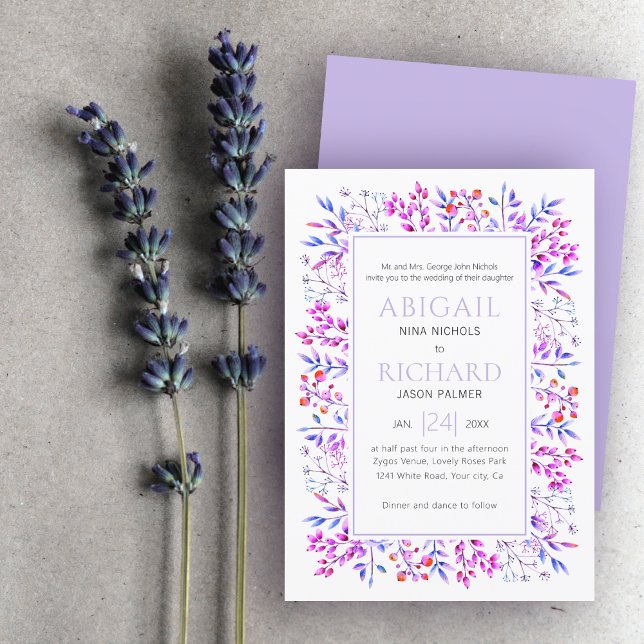 Convites Borda das folhas, lavanda do casamento roxo (Criador carregado)