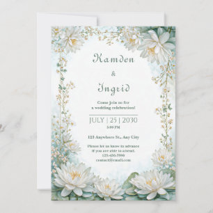 Convites Borda de Casamento de Nenúfar Branco Azul-acinzent