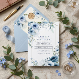 Convites Borda de Casamento Rosa Azul Aguarela Índigo Profu