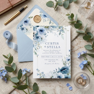 Convites Borda de Casamento Rosa Azul Aguarela Índigo Profu