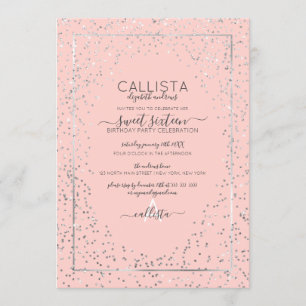 Convites Borda de Confetti Glitter Silver Rosa Doce 16