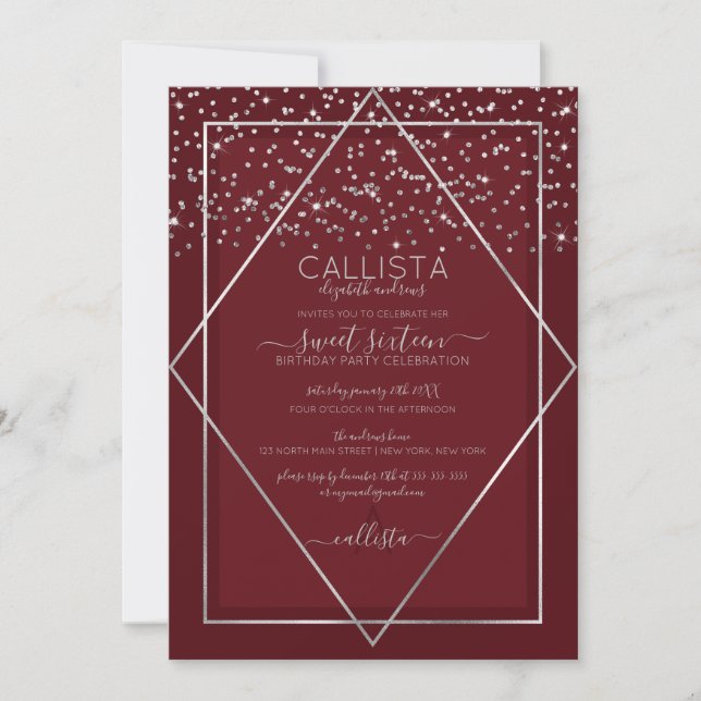 Convites Borda de Confetti Red Silver Burgundy Sweet 16 (Frente)