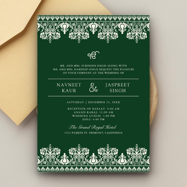 Convites Borda de Damasco Verde Marfim Anand Karaj Casament (Criador carregado)