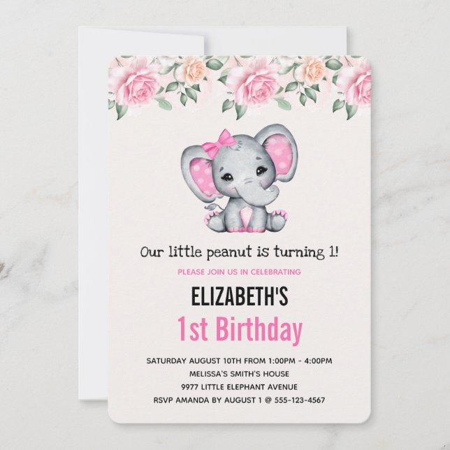 Convites Borda de Elefante Rosa Bebê e Rosas Aniversário (Frente)