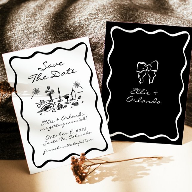 Convites Borda de Fita Desenhada à Mão Branca Salvar Data (Criador carregado)