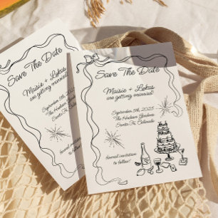 Convites Borda de Fita Desenhada à Mão Branca Salvar Data