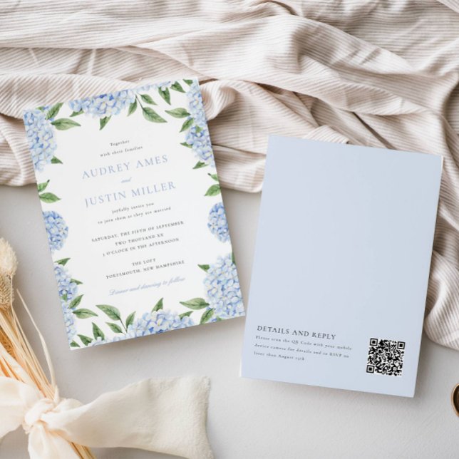 Convites Borda de Hydrangea Azul, Código QR no verso, Casam (Criador carregado)
