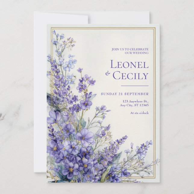 Convites Borda de Verde com Lavanda em Aquarela Roxa Suave (Frente)