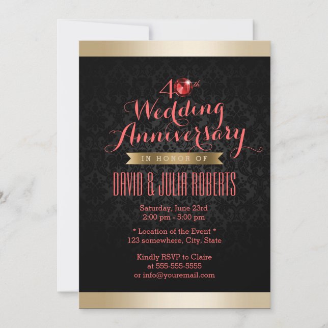 Convites Borda Dourada Preto Damasko Rubi Casamento Anivers (Frente)
