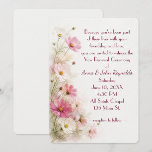 Convites Borda Floral de Cosmos Rosa e Branco para Casament