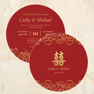 Convites Borda floral de ouro vermelho casamento chinês dup