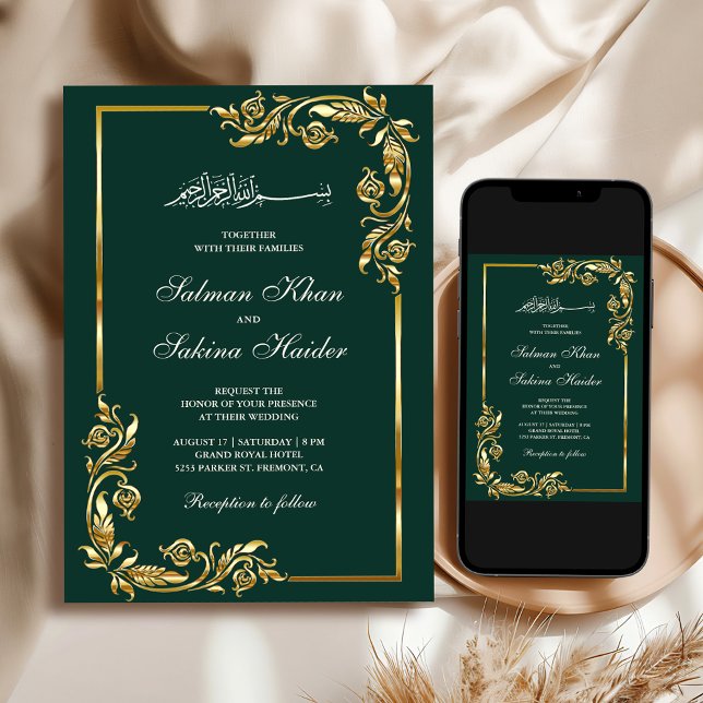 Convites Borda Floral Esmeralda Verde Dourado Casamento Isl (Criador carregado)