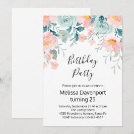 Convites Borda Floral Rosa e Verde - Aniversário