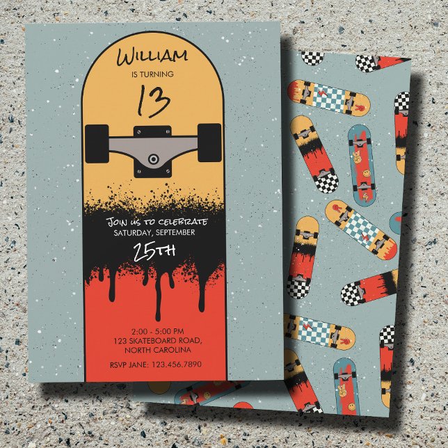 Convites Borda-Legal Azul de skate Azul Aniversário (Retro Skateboard Blue Cool Skateboarder Birthday Invitation)