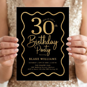 Convites Borda Ondulada Aniversário de 30 anos Black Gold