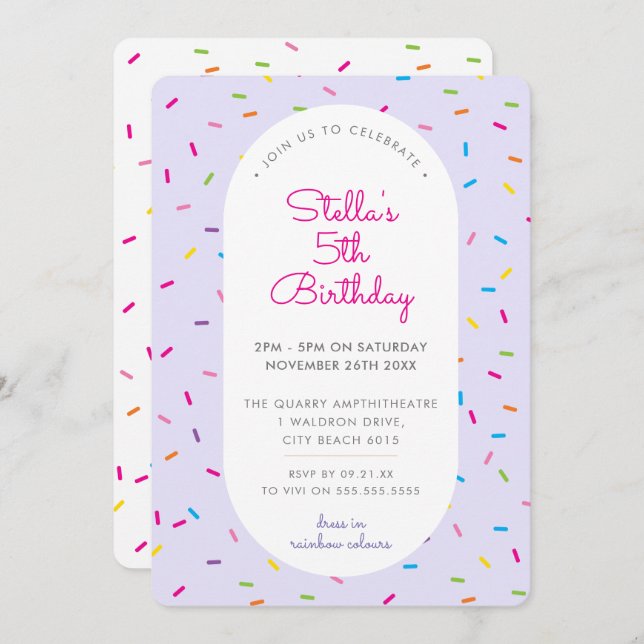 Convites borda púrpura aniversário de criança colorida (Frente/Verso)
