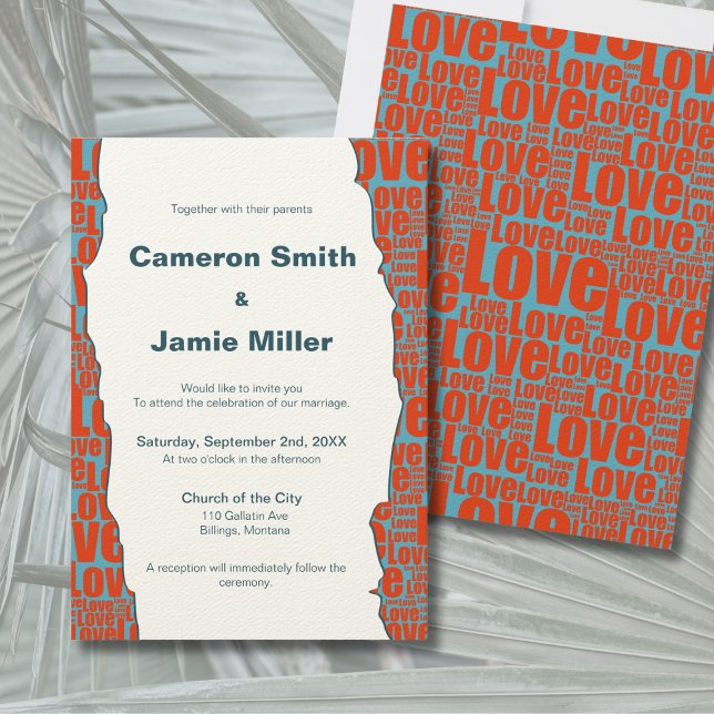 Convites Borda Vermelha Vermelha Moderna Ecru Casamento (Modern Blue Red Love Border Ecru Wedding Invitation)