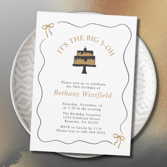 Convites Borda Wavy Whimsical com Arcos 50º Aniversário (50th Birthday Whimsical Wavy Border with Bows Party Invitation)