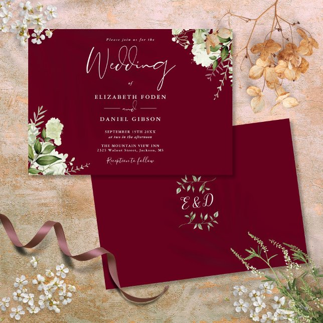 Convites Bordado Botânico em Verde Monograma de Casamento (Burgundy Botanical Greenery Monogram Wedding Invitation)