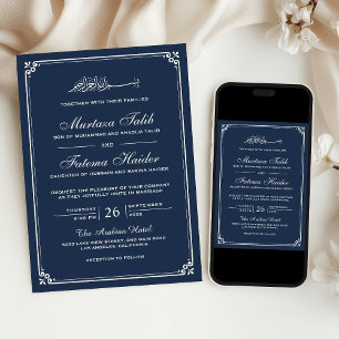 Convites Bordado de Creme Azul-Marinho Casamento Muçulmano