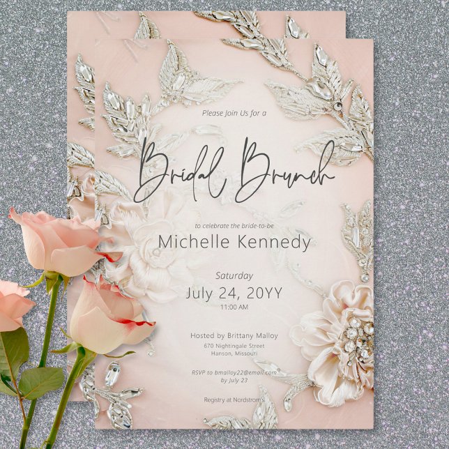Convites Bordado de Satin Rosa Moderno e Brunch Bridal Glam (Modern Pink Satin Embroidery & Glam Bridal Brunch Invitation)