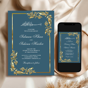 Convites Bordado Floral Dourado Azul Empoeirado Casamento I