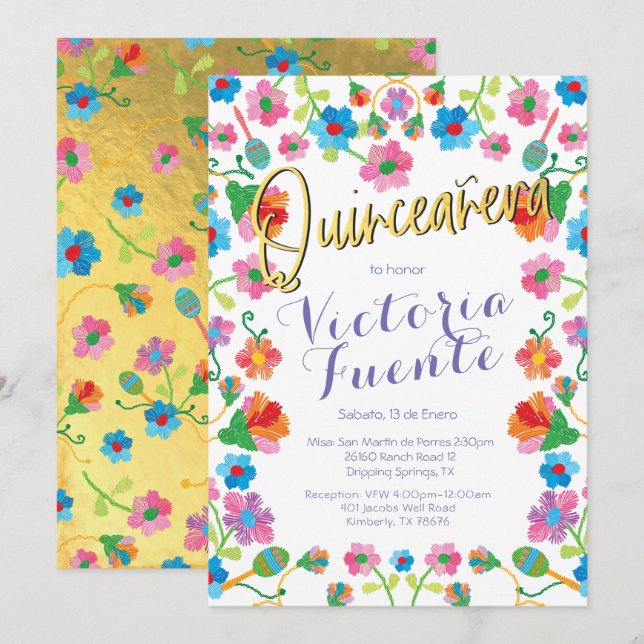 Convites Bordado Floral Quinceañera Espanhol Mexicano (Frente/Verso)
