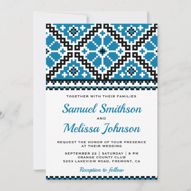 Convites Bordado Preto Azul Casamento Ucraniano (Frente)