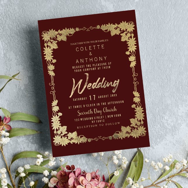 Convites Bordadura de ouro floral clássico (Classy burgundy gold floral frame border Wedding )