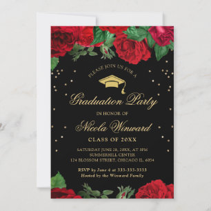 Convites Bordadura de Rosas Vermelhas Floral Graduação