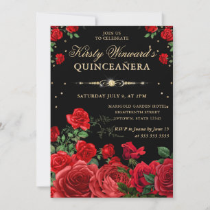 Convites Bordadura de Rosas Vermelhas Floral Quinceanera
