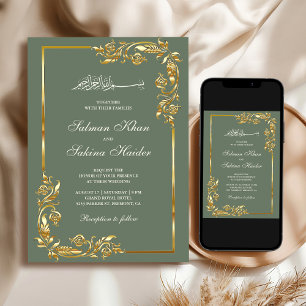Convites Bordadura Floral Ouro Verde Salvia Casamento Islâm