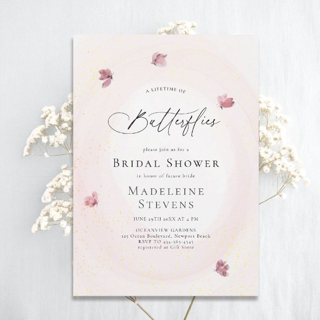 Convites Bordas Lifetime Blush Chá de panela Chic Rosa (lifetime of butterflies theme bridal shower invitation whimsical watercolor romantic dreamy)