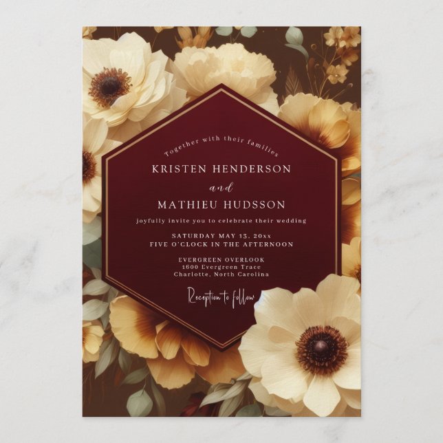 Convites Bordeaux Ornate Botanical Wedding (Frente)