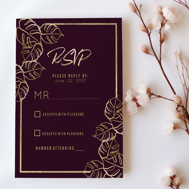 Convites Bordeaux rich red gold floral floral RSVP (Bordeaux deep rich red gold floral Wedding RSVP)
