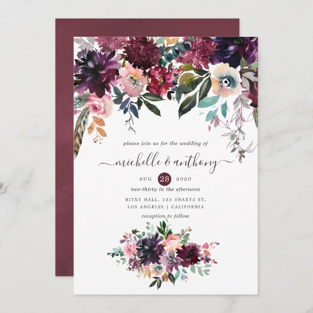 Convites Bordeaux Wedding (Frente/Verso)