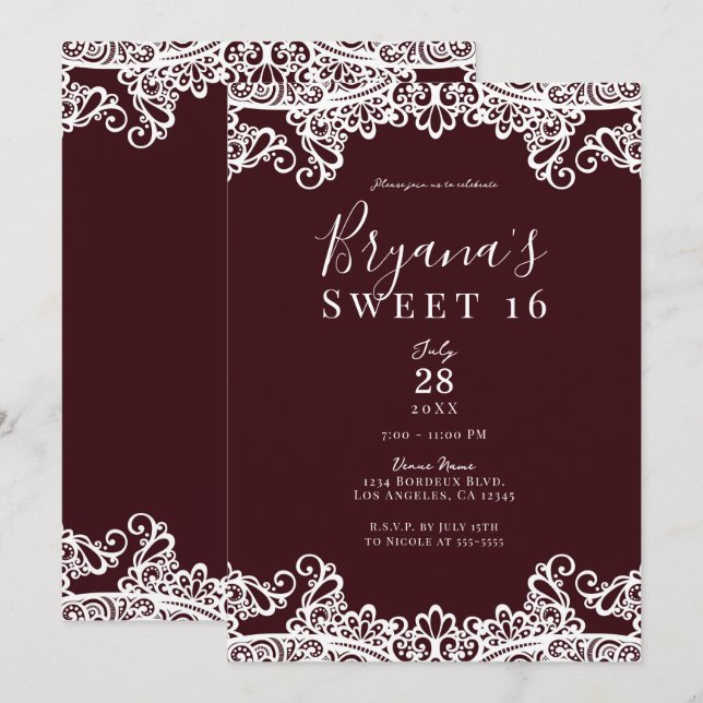 Convites Bordeaux Wine White Lace Elegant Sweet 16 Party (Frente/Verso)