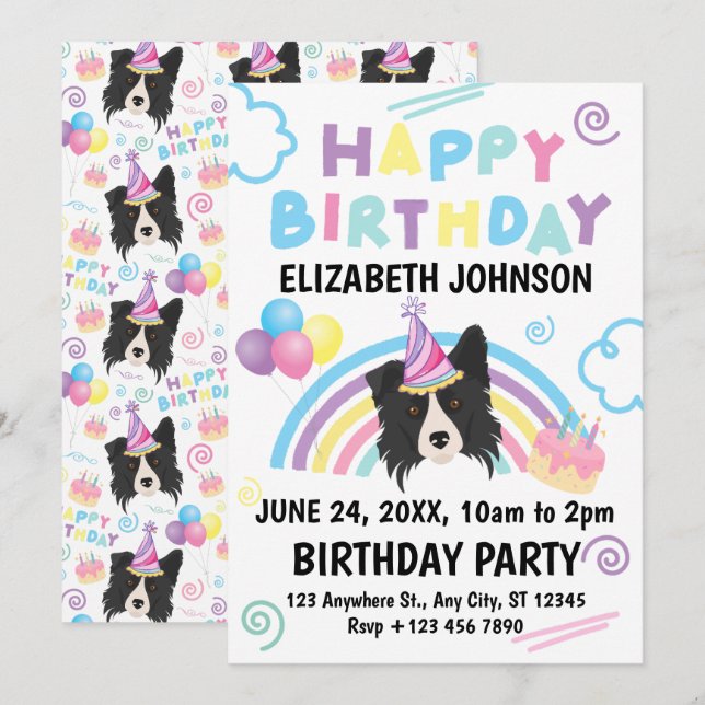 Convites Border Collie Birthday Invitation (Frente/Verso)