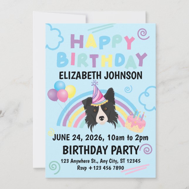 Convites Border Collie Birthday Party Invitation Blue (Frente)