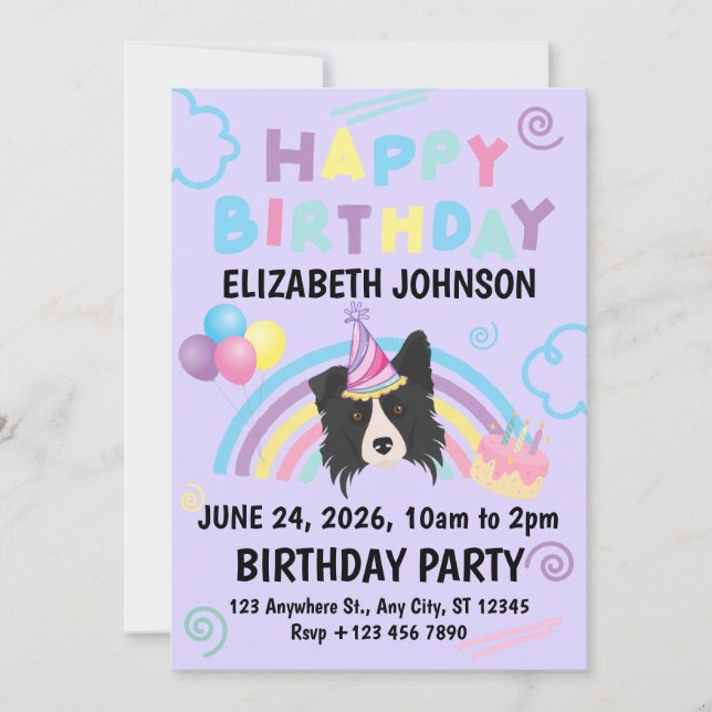 Convites Border Collie Birthday Party Invitation Purple (Frente)