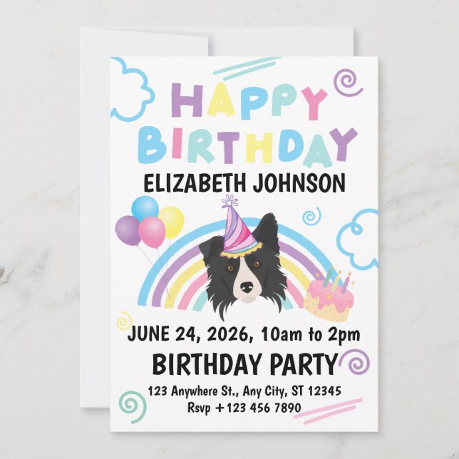 Convites Border Collie Birthday Party Invitation White (Frente)