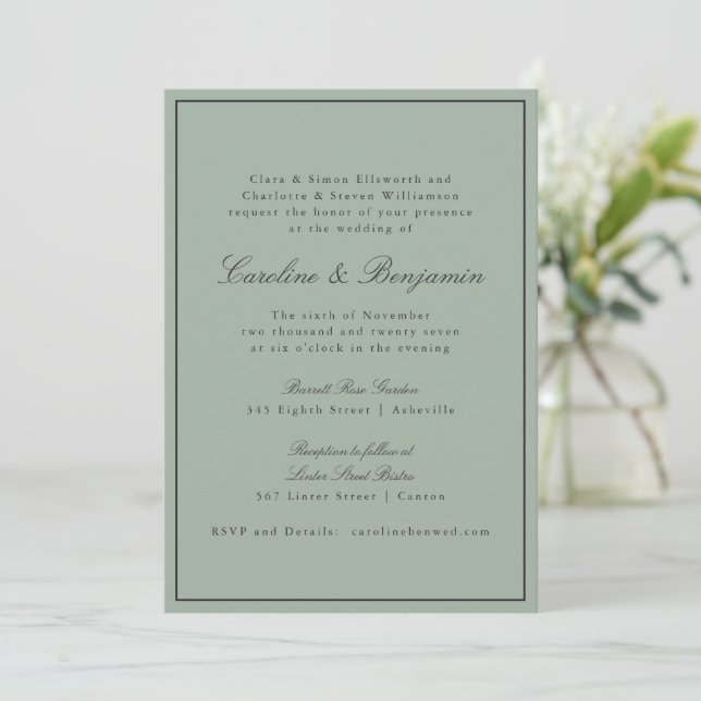 Convites Border Script Elegant Wedding Olive Gray RSVP (Em pé/Frente)