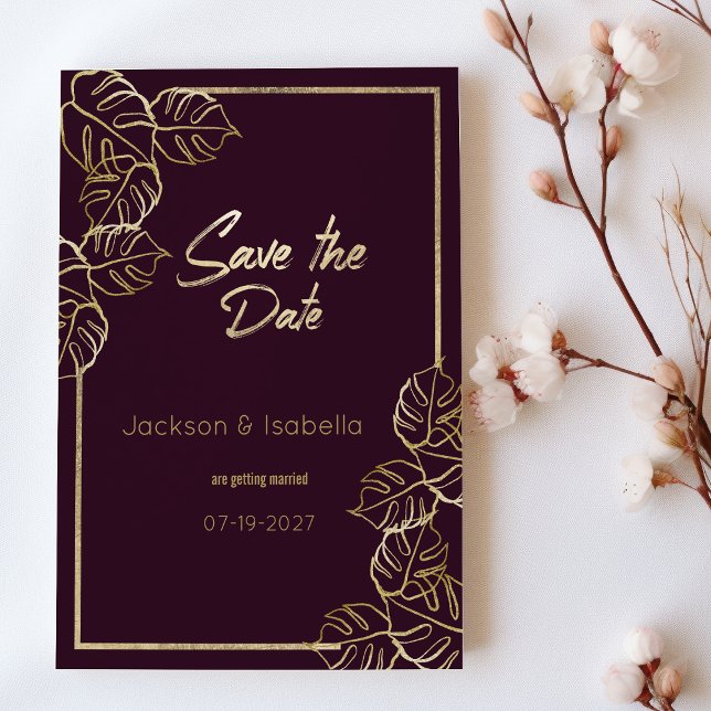 Convites Bordéus broto vermelho-ouro floral Salve a data (Bordeaux deep rich red gold floral Save the Date)
