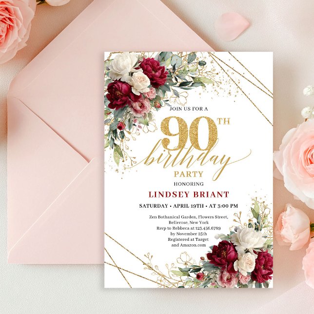 Convites Bordô Atemporal e Rosas Brancas Aniversário de 90  (Timeless Burgundy and White Roses 90th Birthday Invite)