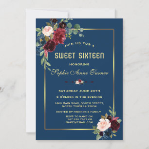 Convites Bordô Azul Naval Floral Moldura Dourada Sweet 16