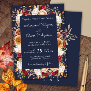 Convites Bordô Bege Azul Naval Outono Floral Casamento