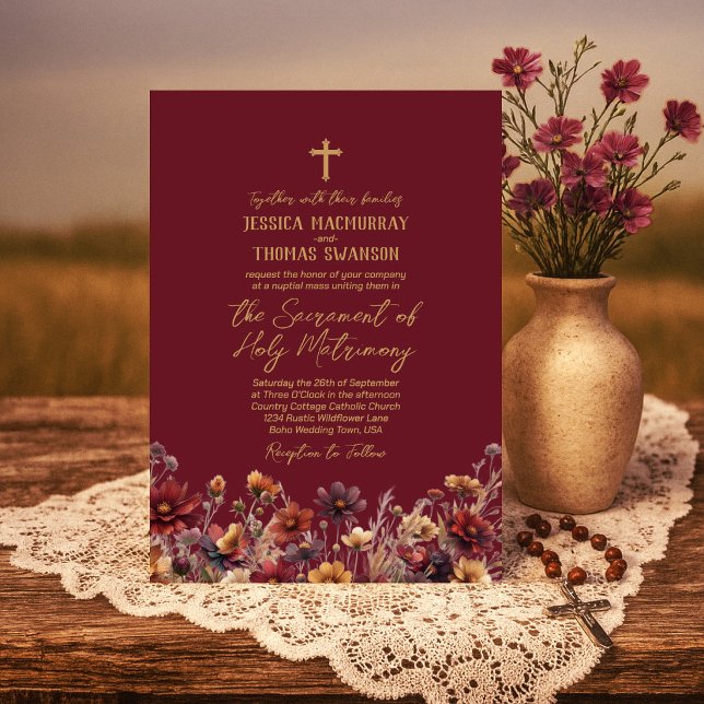 Convites Bordô Boho Flores Silvestres Casamento Católico Mo (Criador carregado)
