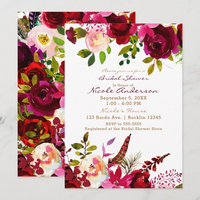 Convites Bordo Borgonha Marrom Boho Floral Chá de Noiva (Frente/Verso)